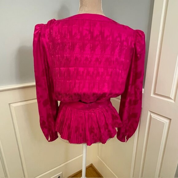 Vintage Argenti 100% Silk Satin Pleated Peplum Blouse Puff Sleeve Pink 12 - Picture 7 of 10